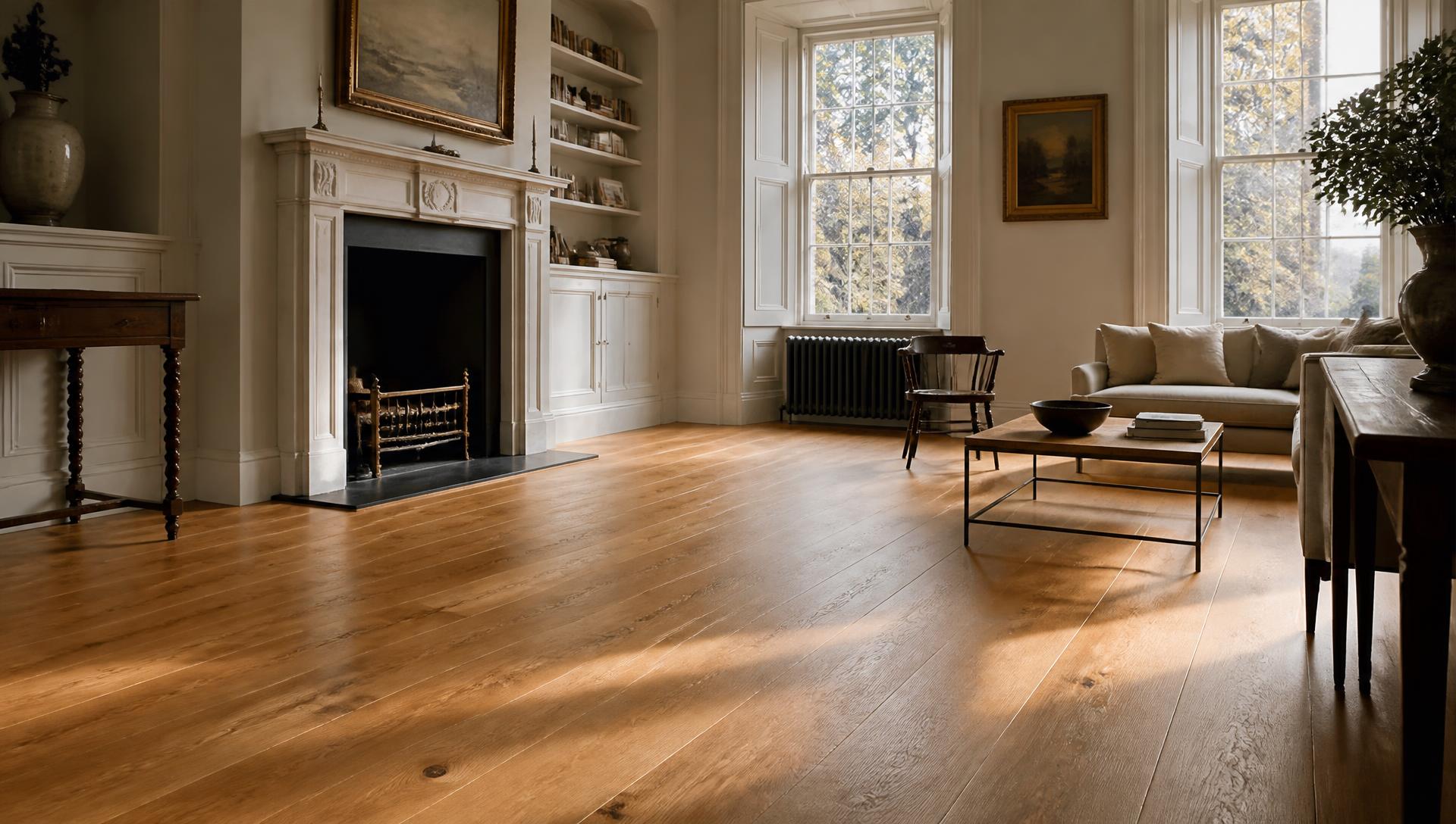 Freshly sanded and oiled oak floor in a Georgian living room